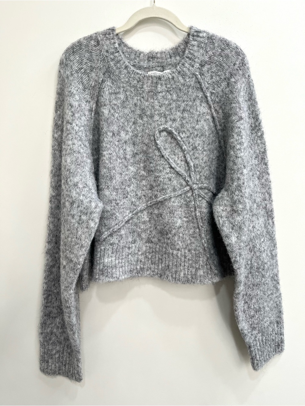American Eagle AE Cropped Crew Neck Bow Sweater Light Heather Gray Size XL
